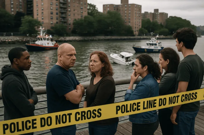 Worried New Yorkers standing near the waterfront watching smoke rise from the Hart Island boat fire.