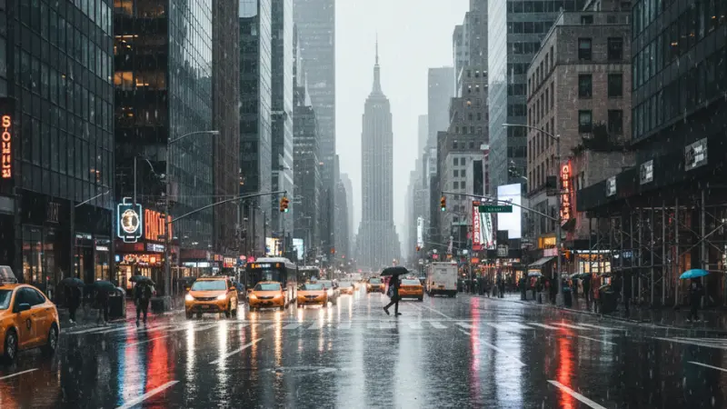 Rainy New York City street illustrating weather factors matter in fatal car crashes in New York City.