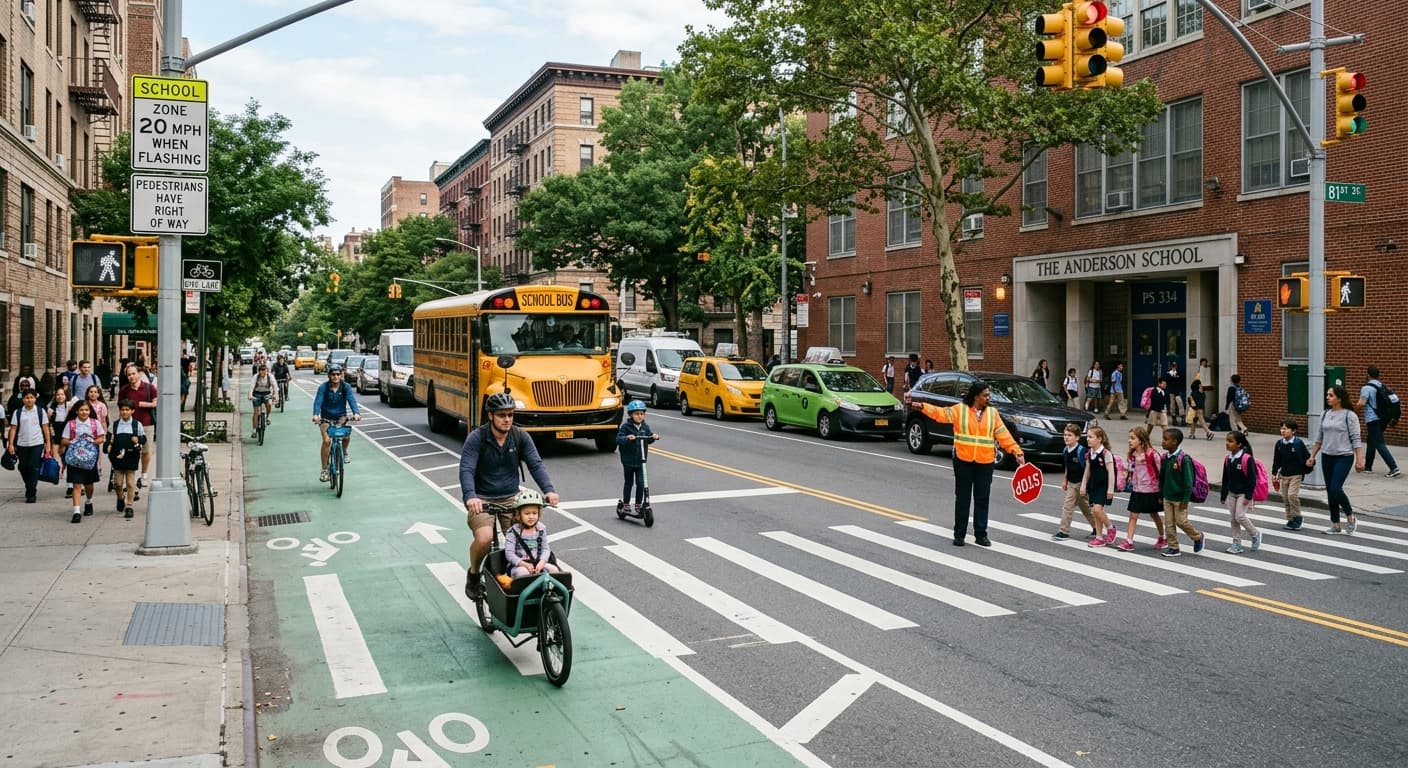 Calle de un colegio de la ciudad de Nueva York con un autobús escolar amarillo y un paso de peatones que simbolizan la seguridad vial en la vuelta al cole.