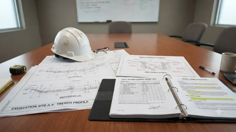 Construction documents and excavation plans representing Trench Safety Stand Down and legal review of workplace conditions.