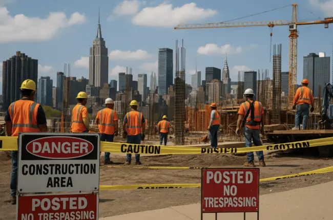 NYC construction workers at a busy job site with safety gear, 2025