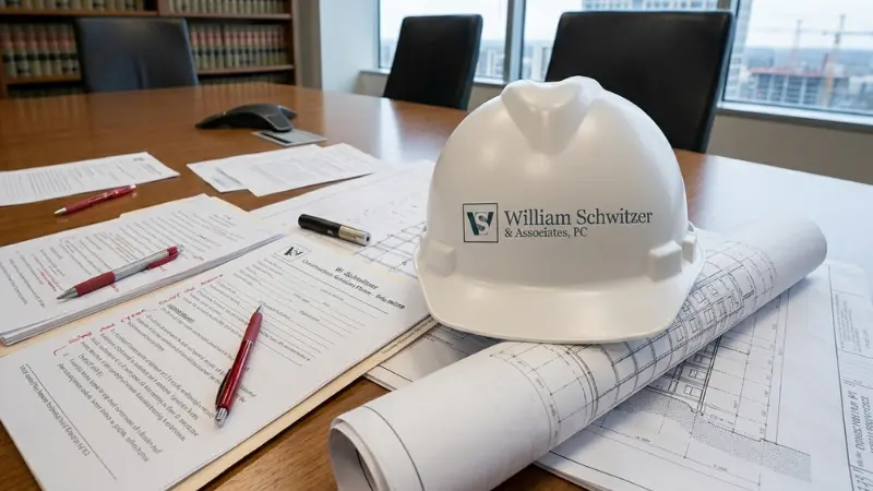 Documentos legales y planos de construcción que ilustran los casos de accidentes de obra de William Schwitzer.