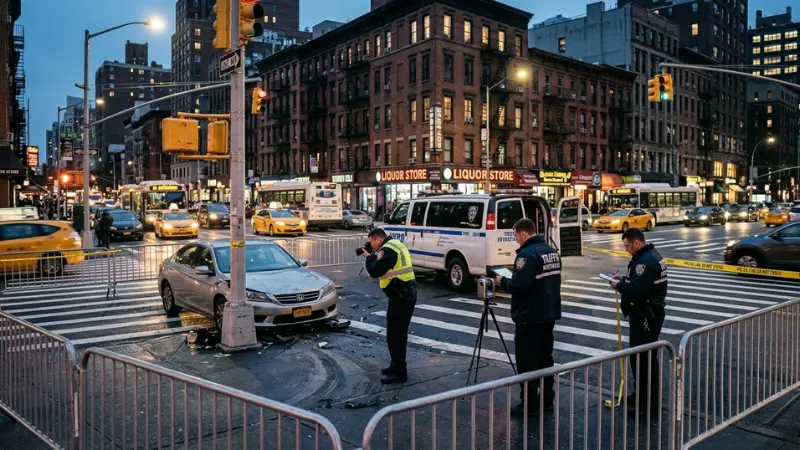 Traffic investigators reviewing a Manhattan intersection during a Manhattan Car Crash Investigation.