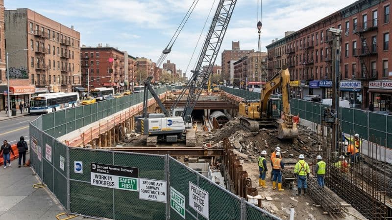Imagen ilustrativa del proyecto de construcción del metro de la Segunda Avenida, con maquinaria de excavación y vallas de obra en la ciudad de Nueva York.