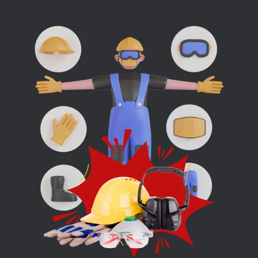 Ilustración en 3D de un trabajador de la construcción que lleva un EPI con un fondo de alerta que destaca el equipo de seguridad.