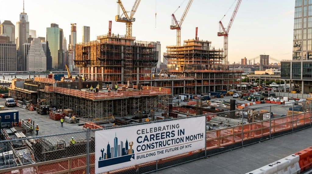 El perfil urbano de la ciudad de Nueva York, con grúas y obras en marcha, durante el Mes de las Profesiones de la Construcción.