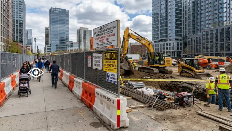 Urban construction zone showing separation between pedestrians and heavy equipment in fatal construction accident involving heavy equipment context