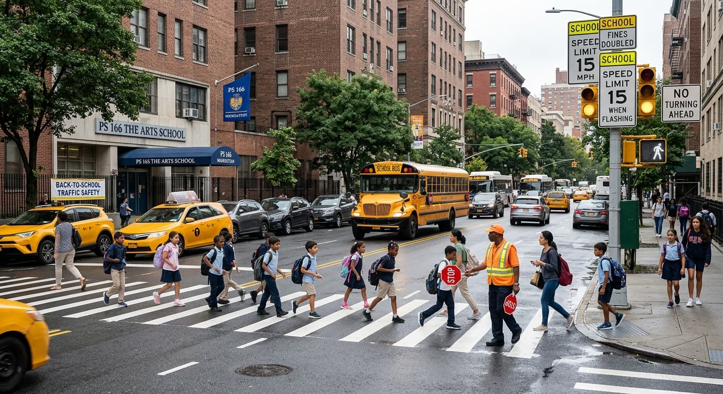 Cruce en Nueva York con un autobús escolar, un paso de peatones y una señal de 15 mph que ilustra la seguridad vial en la vuelta al cole.