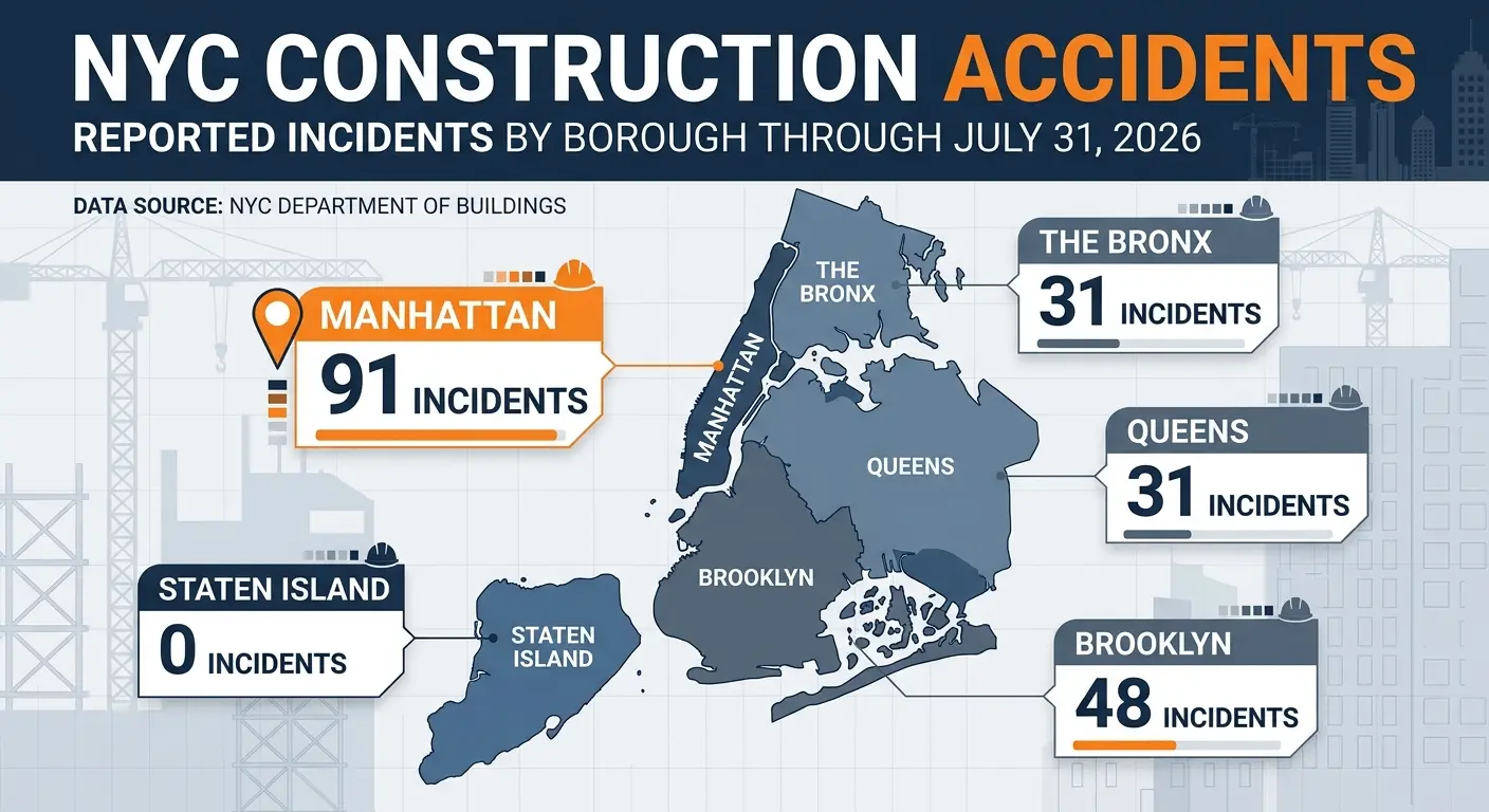 Infographic comparing NYC Construction Accidents by borough through July 2026, with Manhattan at 91, Brooklyn at 48, the Bronx and Queens at 31 each, and Staten Island at zero.