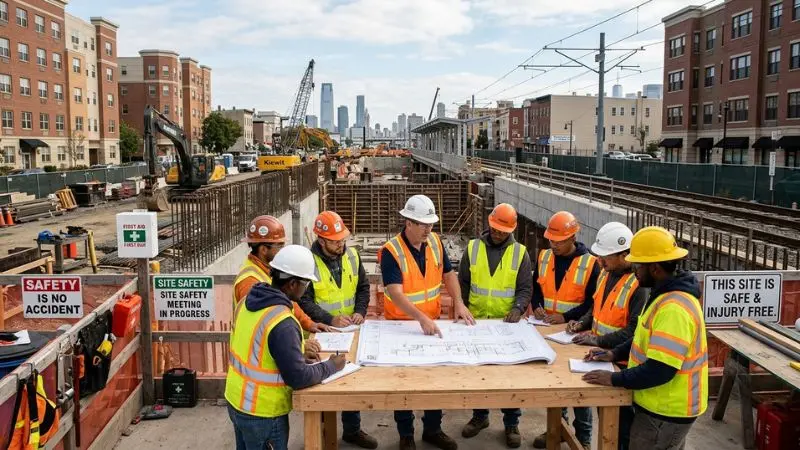 Trabajadores de la construcción que participan en una reunión de seguridad durante las obras del metro de la Segunda Avenida, en el marco de un gran proyecto de infraestructuras.