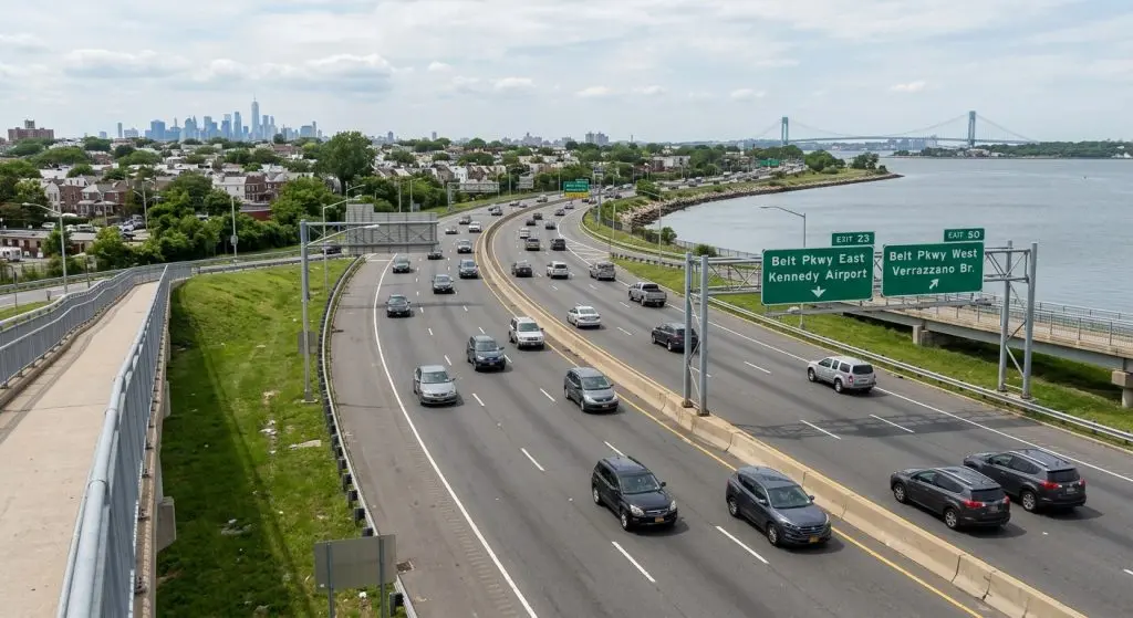 El tráfico diurno en la autopista de Brooklyn, que sirve de escenario para el análisis de un accidente ocurrido en la Belt Parkway.