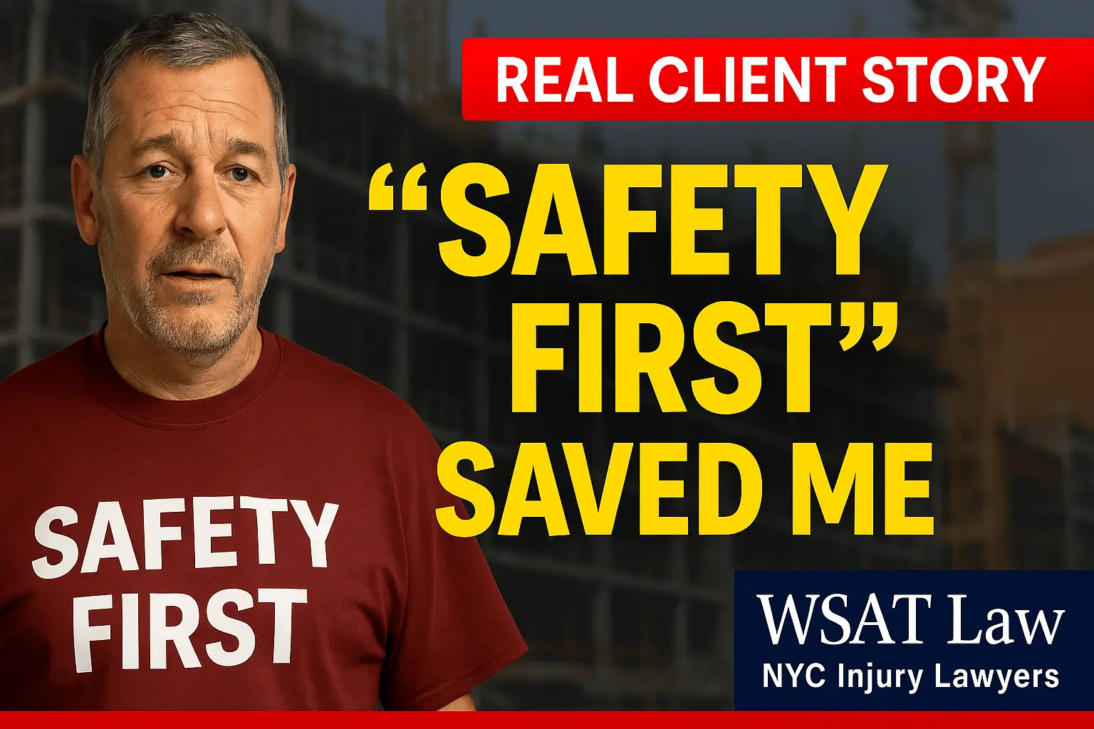 un cliente de WSAT law con una camiseta de "Safety First" mientras dice su testimonio