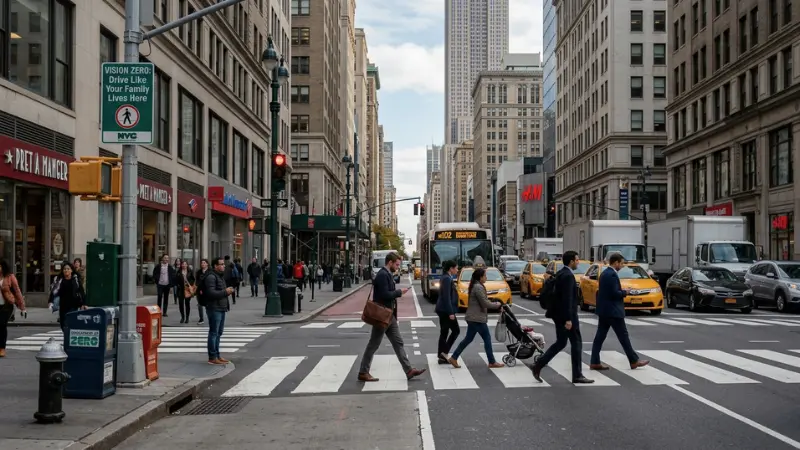 Manhattan sidewalk and crosswalk representing Fatal Pedestrian Accident Cases in New York City.