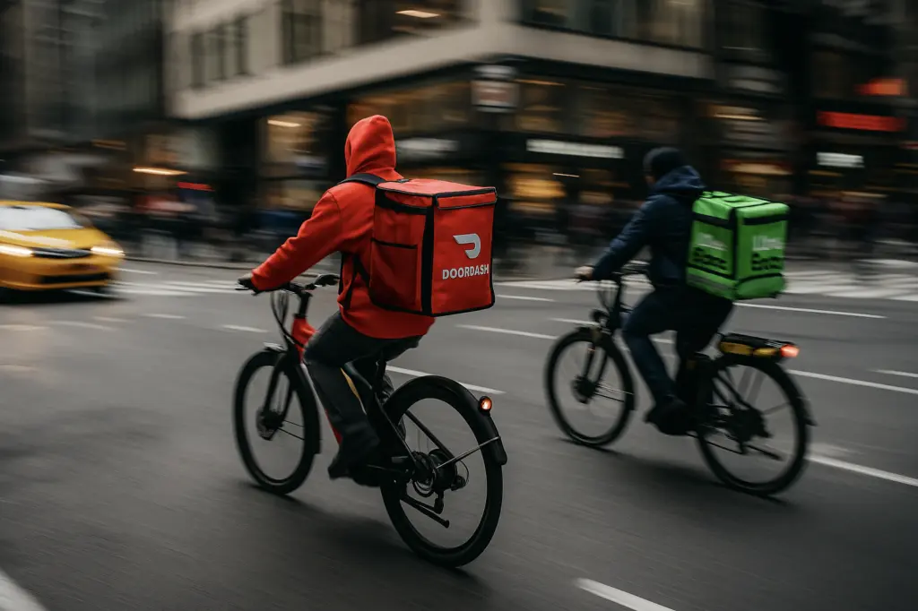 Two food delivery riders from multiple companies riding e-bikes through busy New York City streets, motion blurred to capture speed, highlighting rising e-bike crashes in NYC.