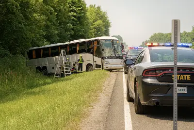 Emergency responders and state police vehicles at the scene of a bus accident on a grassy roadside, with a tilted tour bus and rescue crews working nearby.