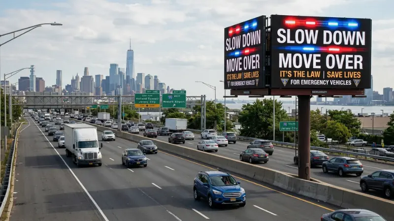 Roadside billboard promoting Move Over law awareness campaigns with safety message