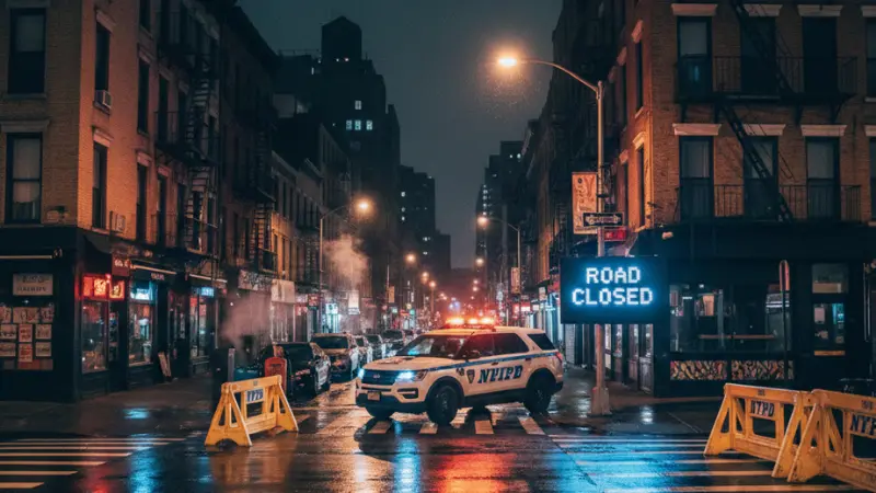 Cruce peatonal nocturno en el Lower East Side con vehículos de la policía de Nueva York, barreras viales y luces intermitentes tras un atropello con fuga.