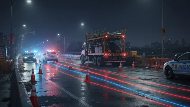 Ilustración digital de la escena de un accidente nocturno en el puente de Washington, en el Alto Manhattan, en la que se ven las luces de la policía reflejándose en el asfalto mojado cerca de una zona en obras.