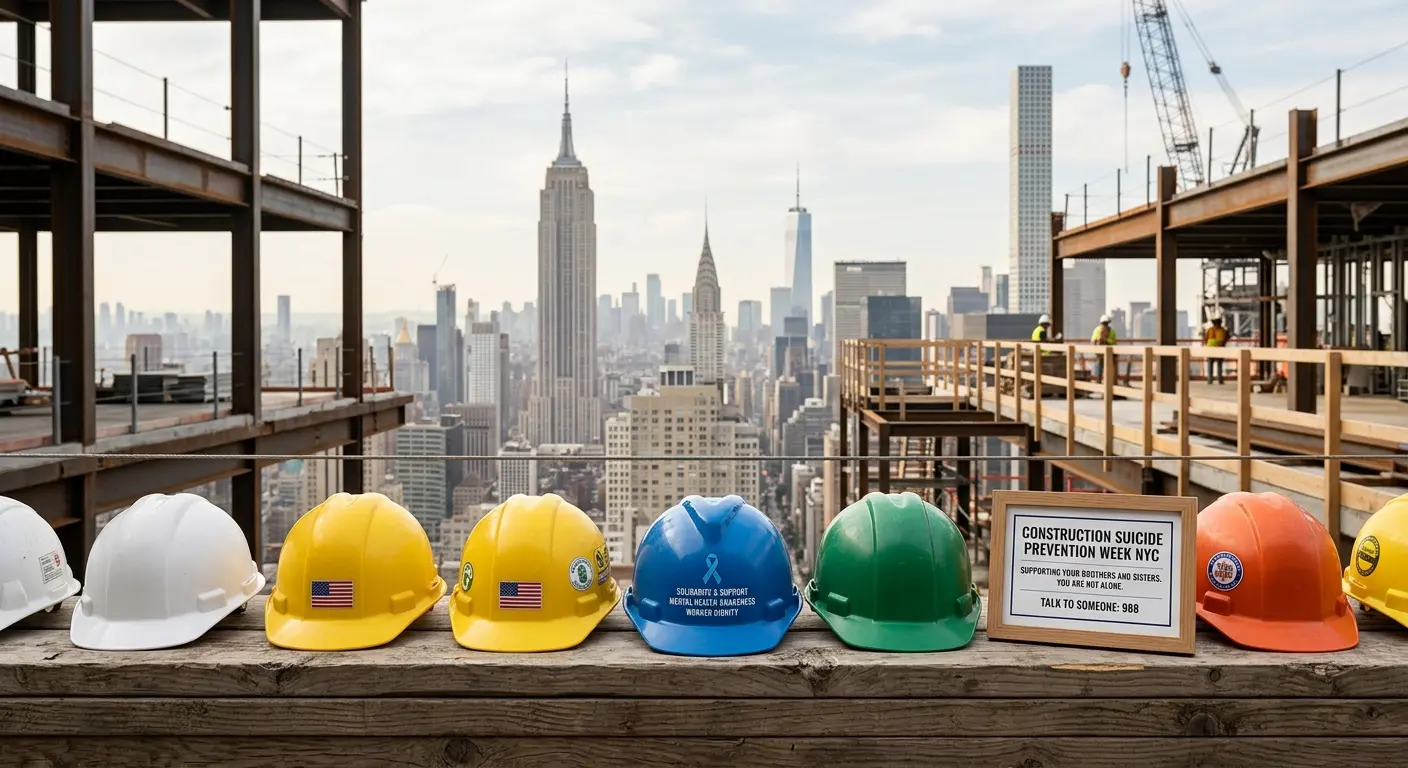 Cascos de obra con el perfil urbano de la ciudad de Nueva York de fondo, que simbolizan la Semana de Prevención del Suicidio en el Sector de la Construcción de Nueva York y el bienestar de los trabajadores.