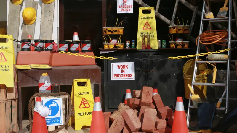 Construction safety gear and ladder symbolizing National Ladder Safety Month awareness.