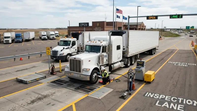 Commercial truck inspection area illustrating the legal and safety review after a fatal tractor trailer crash.