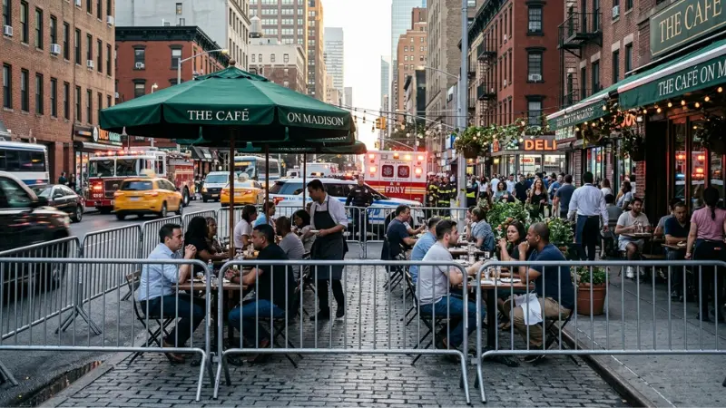 Urban Manhattan sidewalk dining area representing a Manhattan Car Crash Investigation involving pedestrians.