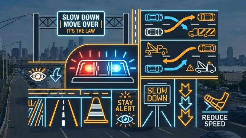 Abstract safety icons representing Move Over law awareness campaigns and roadside caution