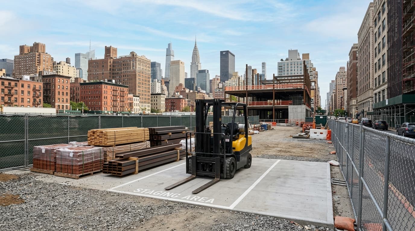 xParked forklift at a New York City job site, illustrating the context of NYC construction equipment injuries.