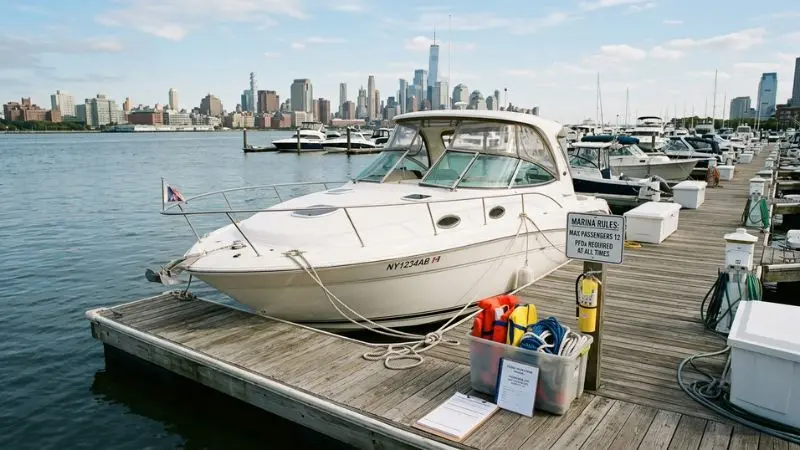 Boat capsized near Liberty Island charter review concept showing a recreational boat safely docked with marine safety equipment.
