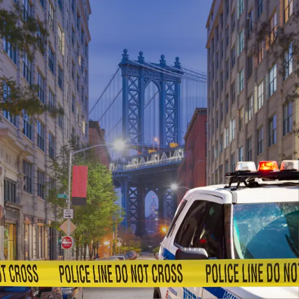 Aftermath of a hit-and-run accident scene in Brooklyn with police and evidence. Car Accidents in Brooklyn Killed 3 the last February 2025