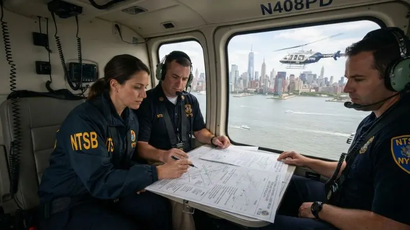 Contextual illustration of a helicopter above the Hudson River representing the Hudson River Helicopter Investigation.