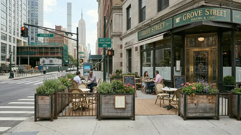 Outdoor seating near storefront representing SUV crashes into NYC storefront and pedestrian safety