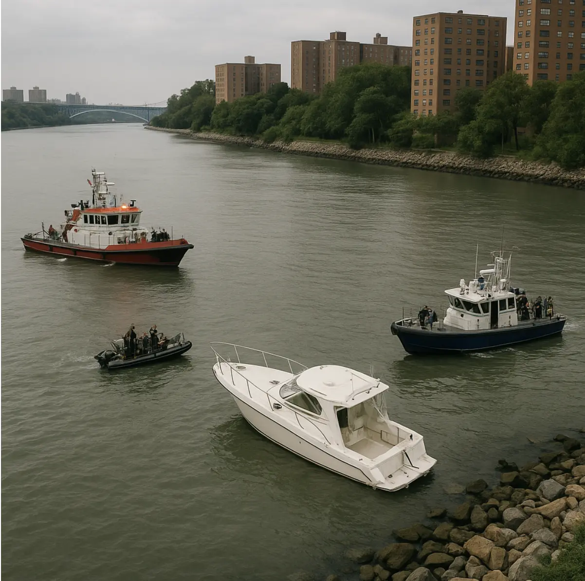 Emergency boats including FDNY marine units and patrol vessels responding on the water near Hart Island in New York City, with Bronx shoreline and buildings in background