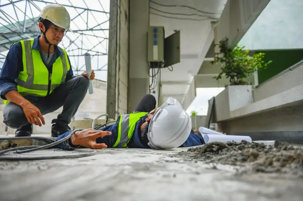 Electrical engineer lying unconscious on the floor near a power control box after a short circuit, with another worker rescuing him on a construction site – electric shock accident concept.