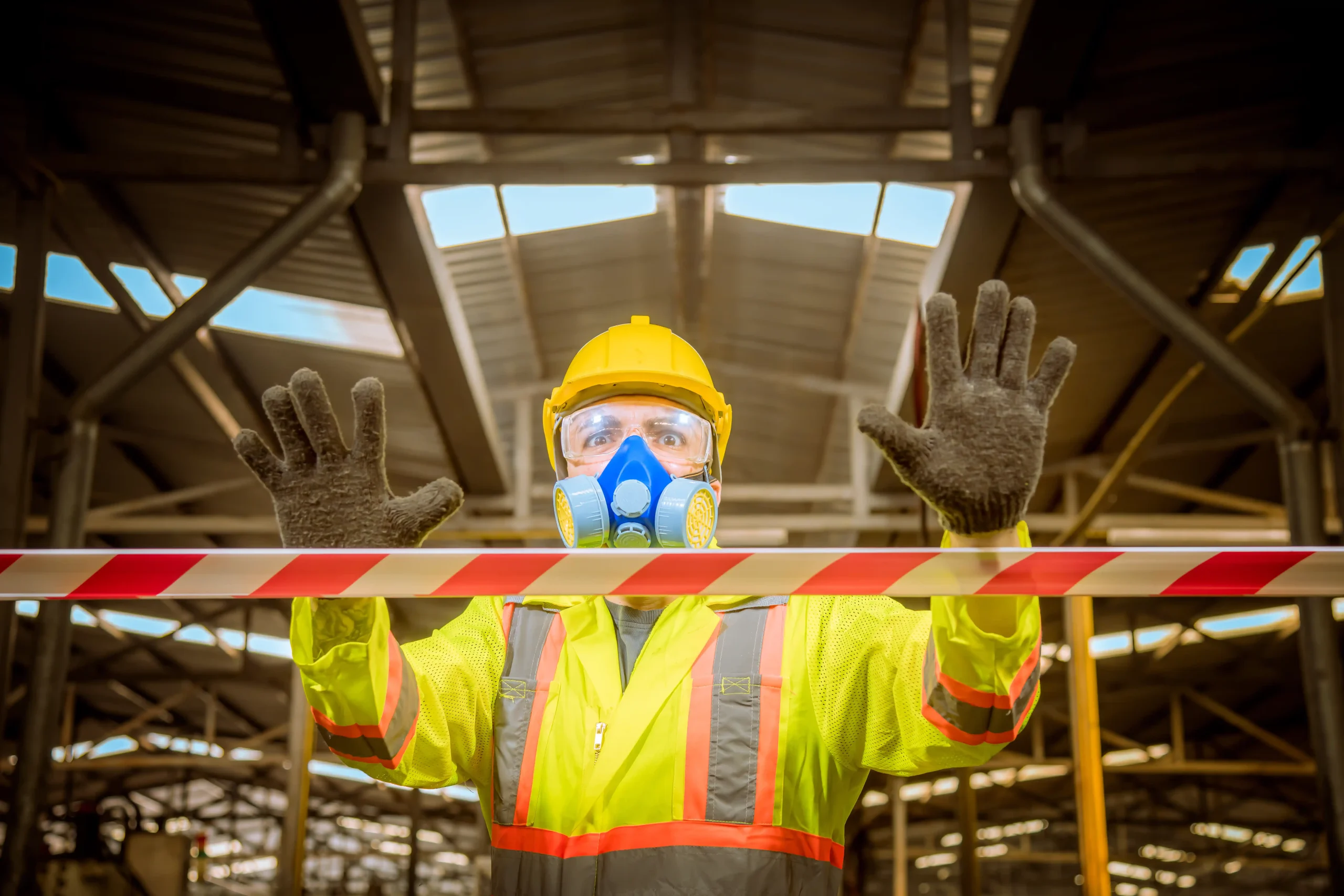 Worker wearing gas mask and gloves showing no entry hand signal in a chemical danger area