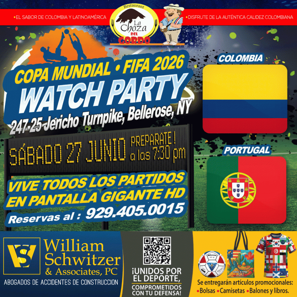 Join us for the Colombia vs. Portugal FIFA 2026 Watch Party at La Choza Del Gordo Restaurant in Bellerose on Saturday, June 27. William Schwitzer & Associates and community partners look forward to welcoming soccer fans for an exciting evening of community, culture, and the beautiful game.