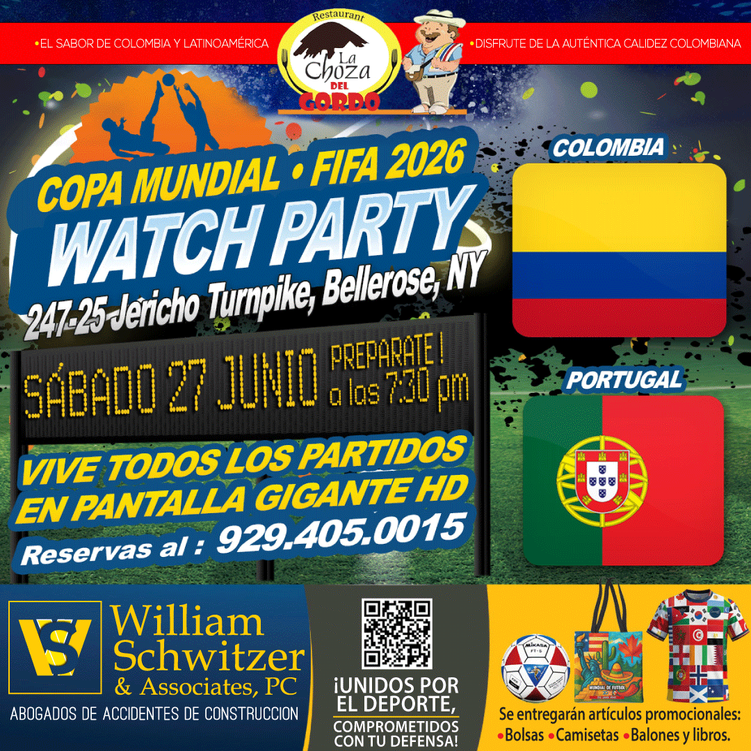 Join us for the Colombia vs. Portugal FIFA 2026 Watch Party at La Choza Del Gordo Restaurant in Bellerose on Saturday, June 27. William Schwitzer & Associates and community partners look forward to welcoming soccer fans for an exciting evening of community, culture, and the beautiful game.