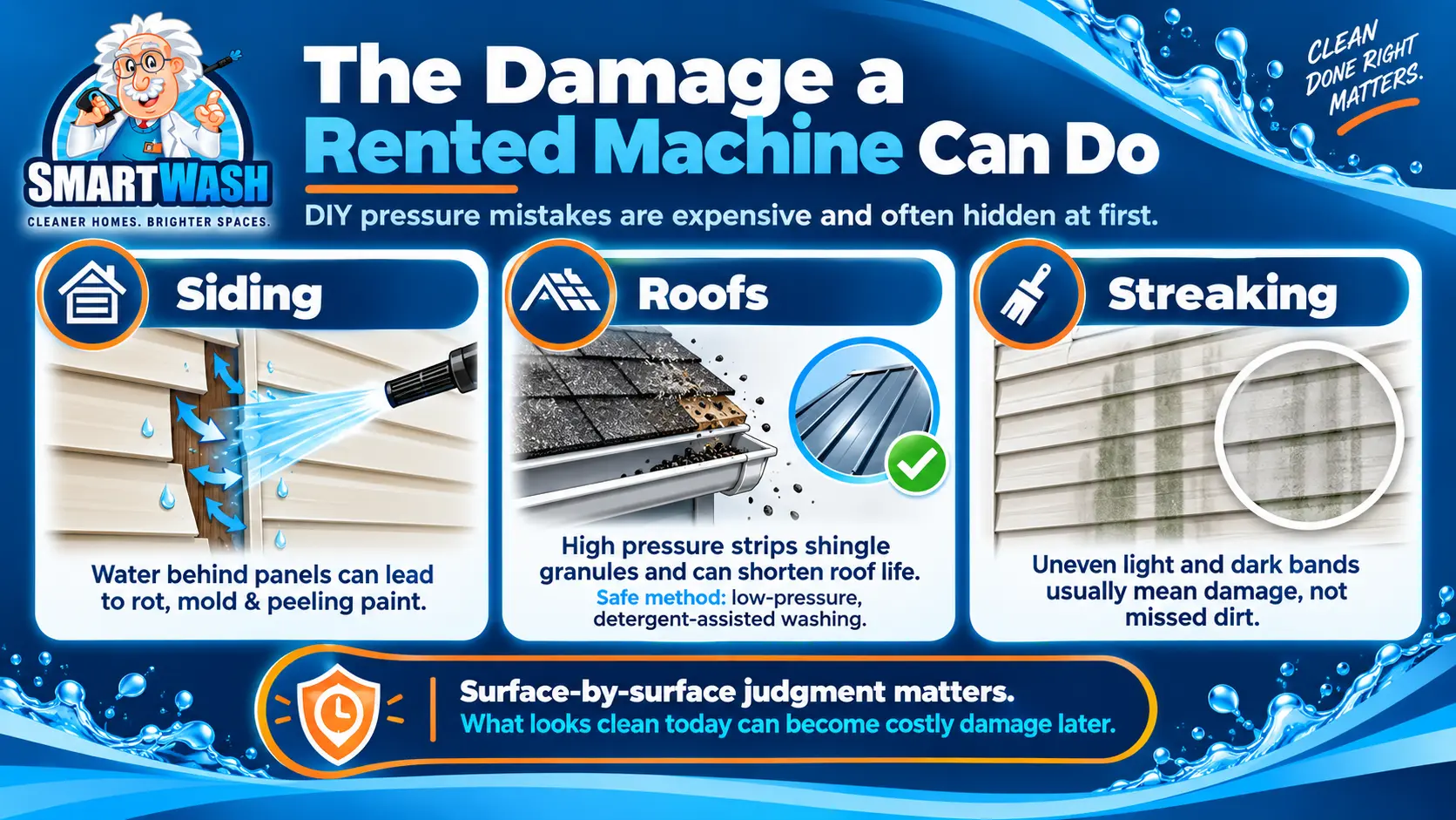 Infographic showing common DIY pressure washing damage to siding and roofs, including water forced behind siding, stripped shingle granules, and zebra-striping from excessive pressure.