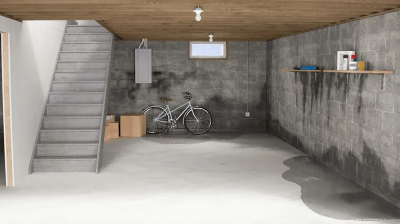 Basement interior with a bicycle, water pooling on the floor, and signs of moisture on the walls, illustrating waterproofing and foundation repair challenges.