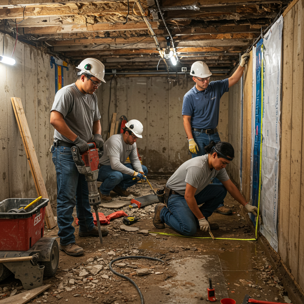 Waterproofing professionals installing an interior drainage system and basement moisture protection