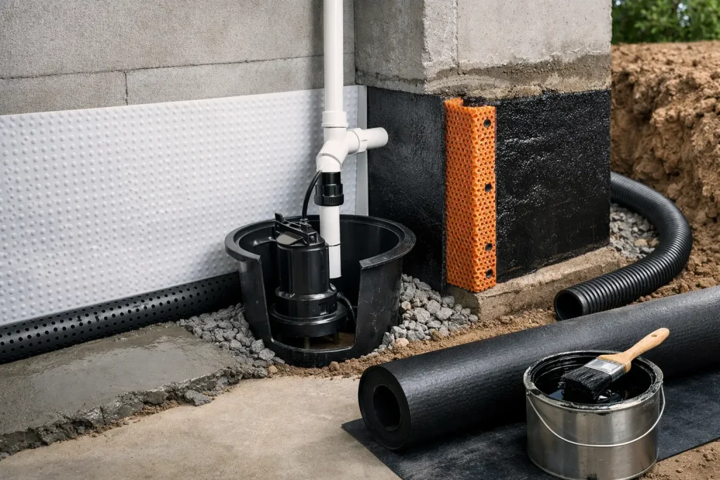 Basement waterproofing system featuring a sump pump, drainage pipe, and waterproofing membrane, illustrating solutions for water intrusion prevention.