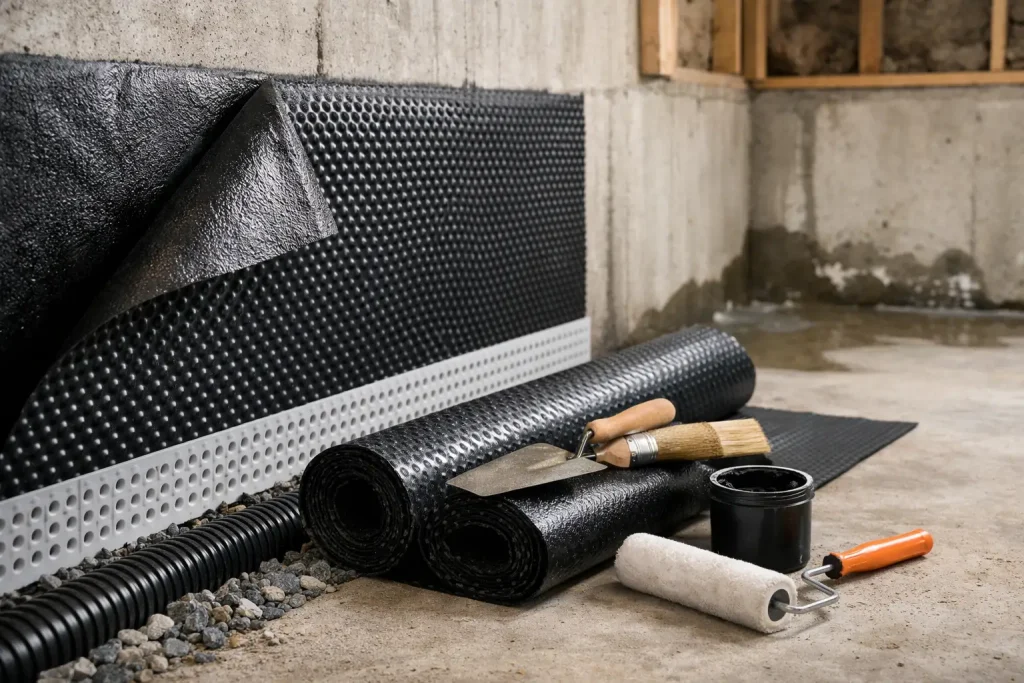 Basement waterproofing membrane rolls and tools, including a trowel, paint roller, and paint can, on a concrete floor, illustrating essential materials for effective waterproofing solutions.