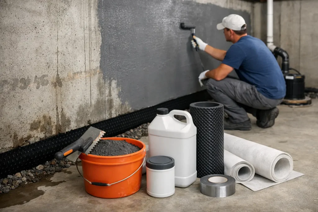 Man applying waterproofing paint to a basement wall, surrounded by waterproofing materials including a bucket of sealant, a roll of drainage mat, and various tools, illustrating effective interior basement waterproofing solutions.