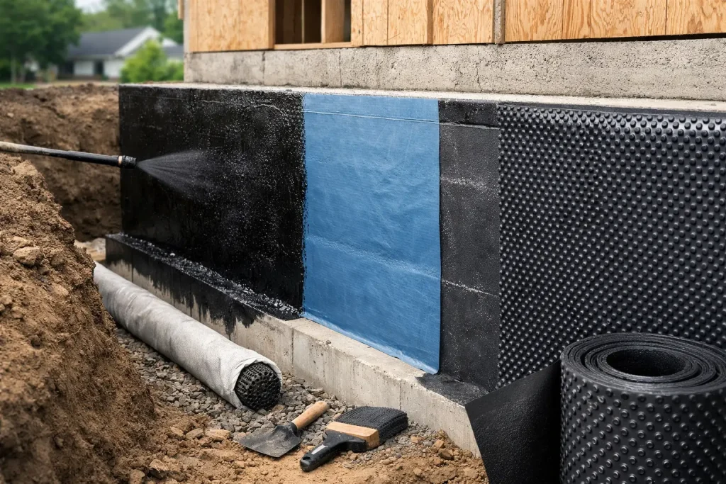 Foundation waterproofing process featuring spray application on a foundation wall, with waterproofing materials, tools, and gravel, illustrating effective methods to prevent water intrusion.