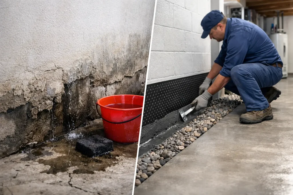 Water-damaged basement wall with a red bucket collecting water on the left, and a worker applying waterproofing material along a wall with drainage rocks on the right, illustrating the importance of basement waterproofing solutions.