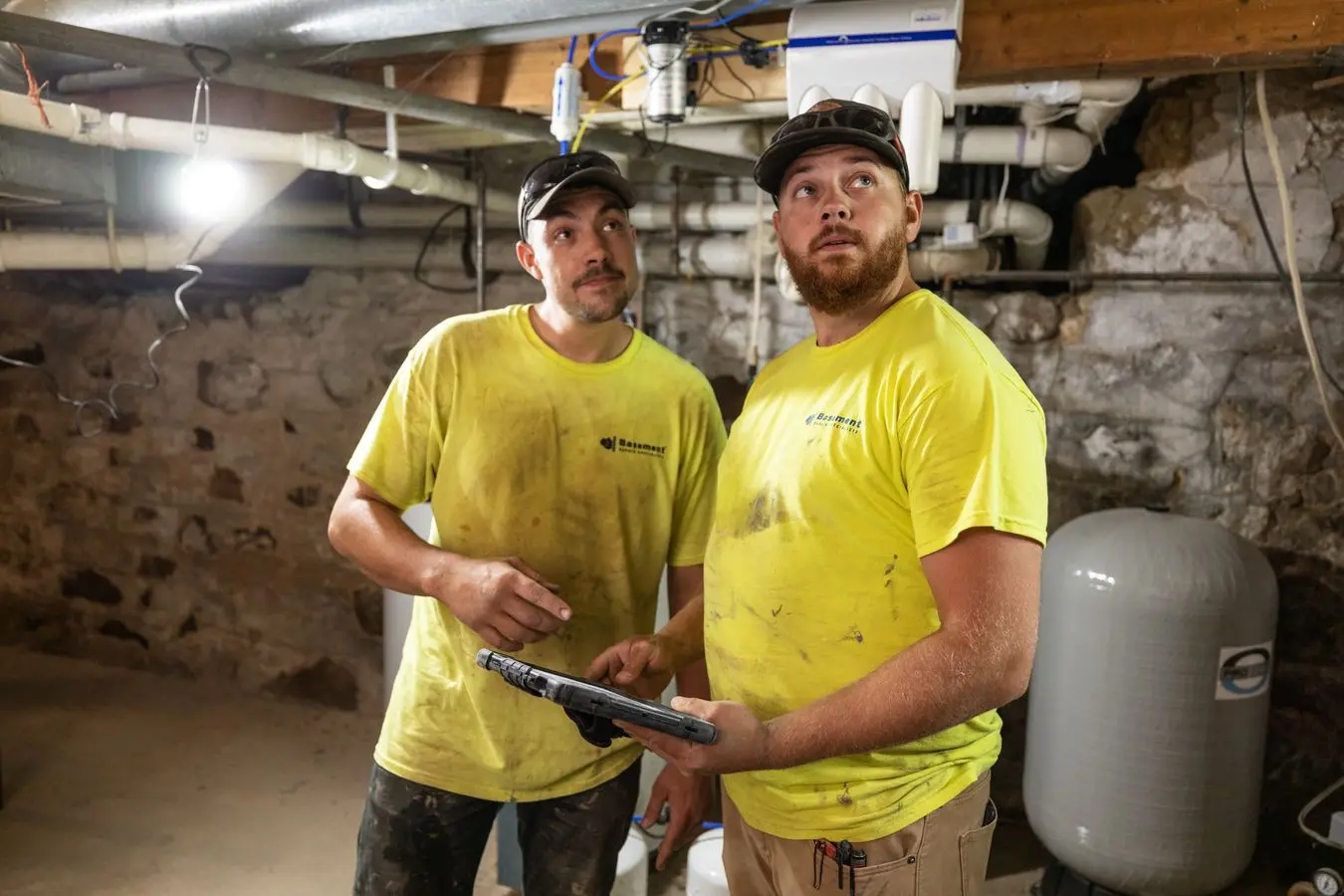 Two technicians in yellow shirts discussing basement waterproofing solutions while examining a tablet in a residential basement setting.