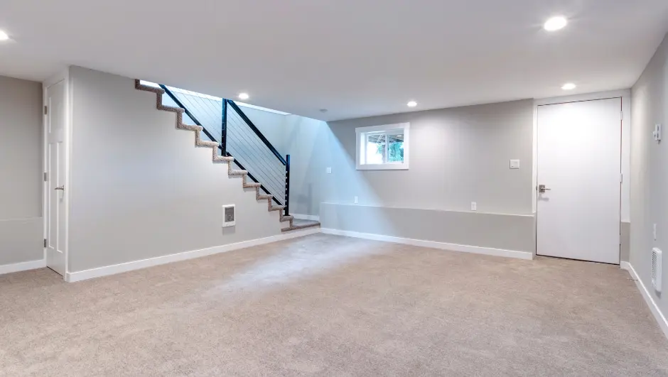 Spacious, newly renovated basement interior with carpeted floor, modern staircase, and natural light from window, showcasing potential for waterproofing and sump pump installation.