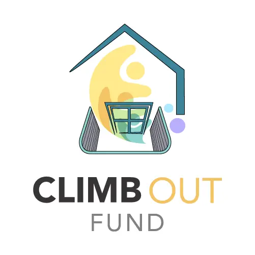 Logo for the Climb Out Fund, featuring a house silhouette, a person symbolizing safety, and an egress window, emphasizing community support and home safety initiatives by Basement Repair Specialists.