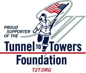 Proud supporter logo of Tunnel to Towers Foundation, featuring a firefighter with an American flag, symbolizing commitment to honoring first responders and military personnel.