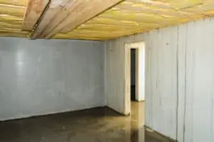 Damp basement interior with visible water stains on walls and floor, highlighting the need for professional inspection and waterproofing solutions to prevent further damage.
